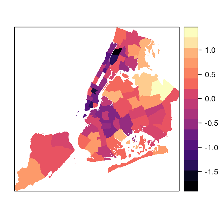 Point estimates of the random effects of the 75 precincts of NYC in 1999.