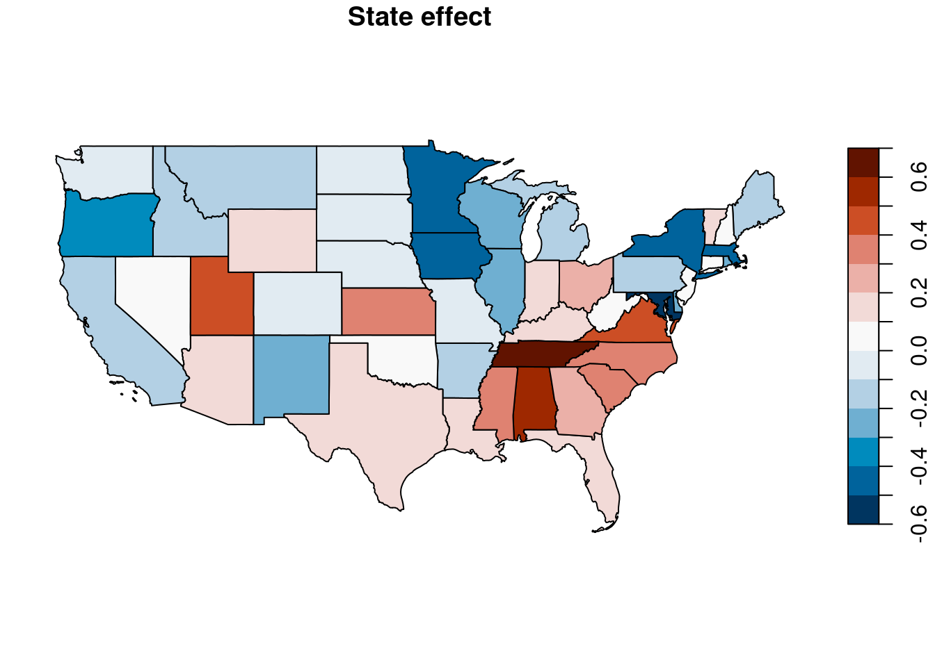 Point estimates of state-level random effect.