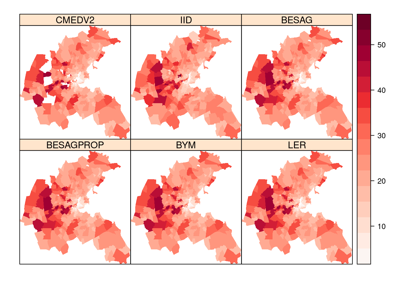 Summary of observed data and posterior means obtained with different models for the Boston housing dataset.