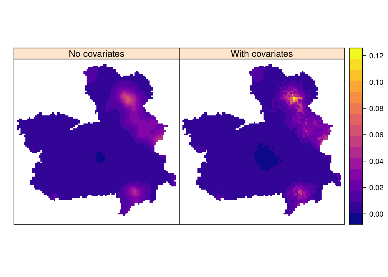 Intensity of forest fires in Castilla-La Mancha (Spain). The region is about 400 x 400 km.