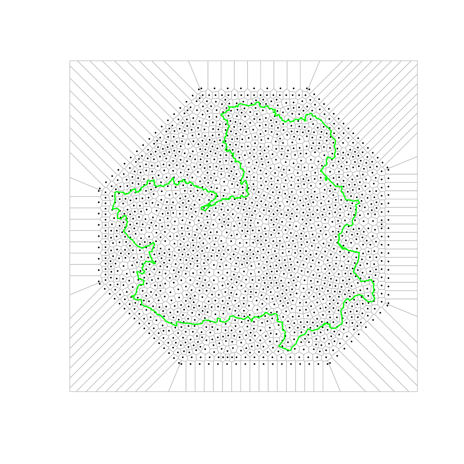 Voronoi tesselletation used in the analysis of forest fires in Castilla-La Mancha.
