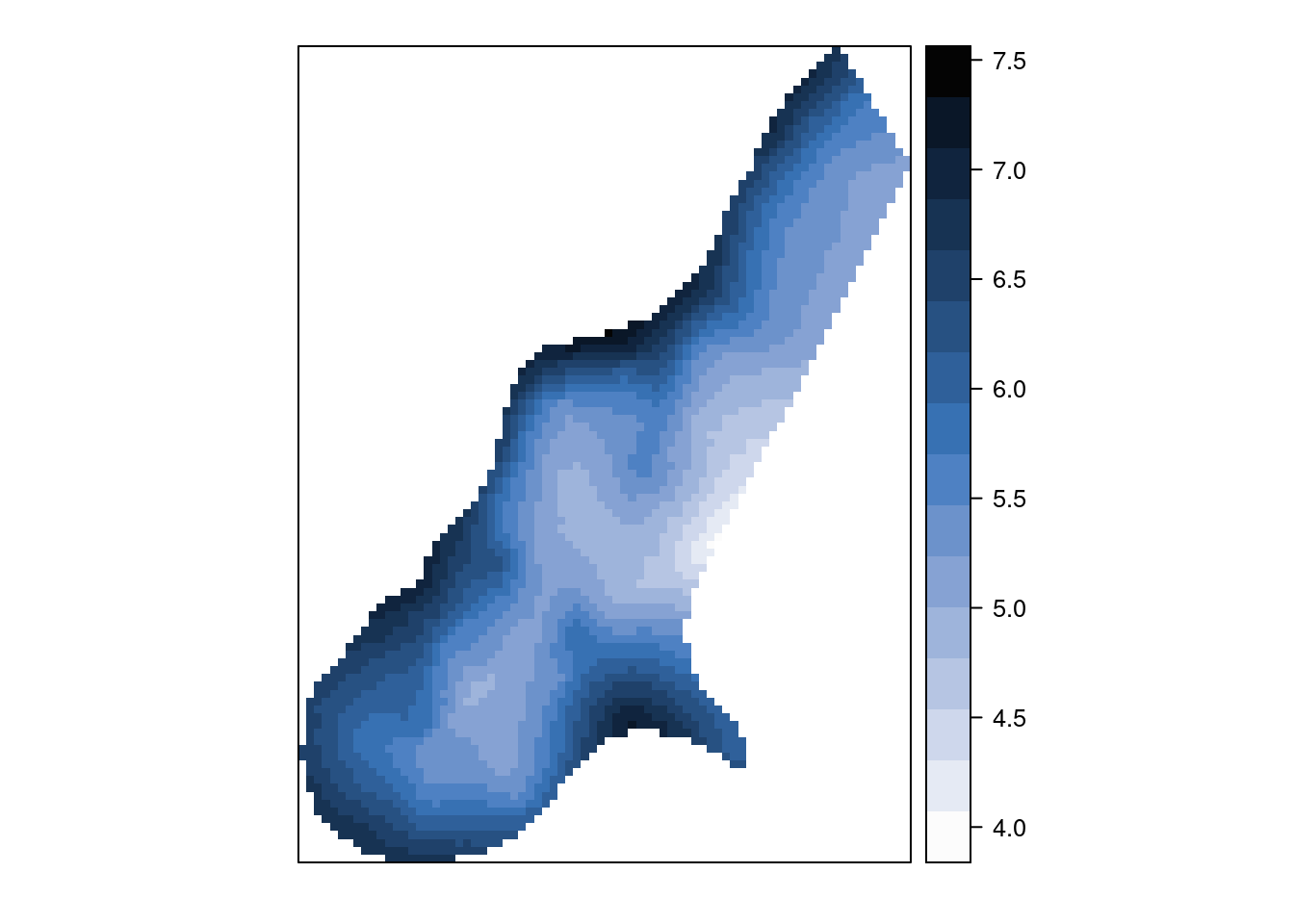 Concentration of zinc (log-scale) estimated with universal kriging for the `meuse` dataset.