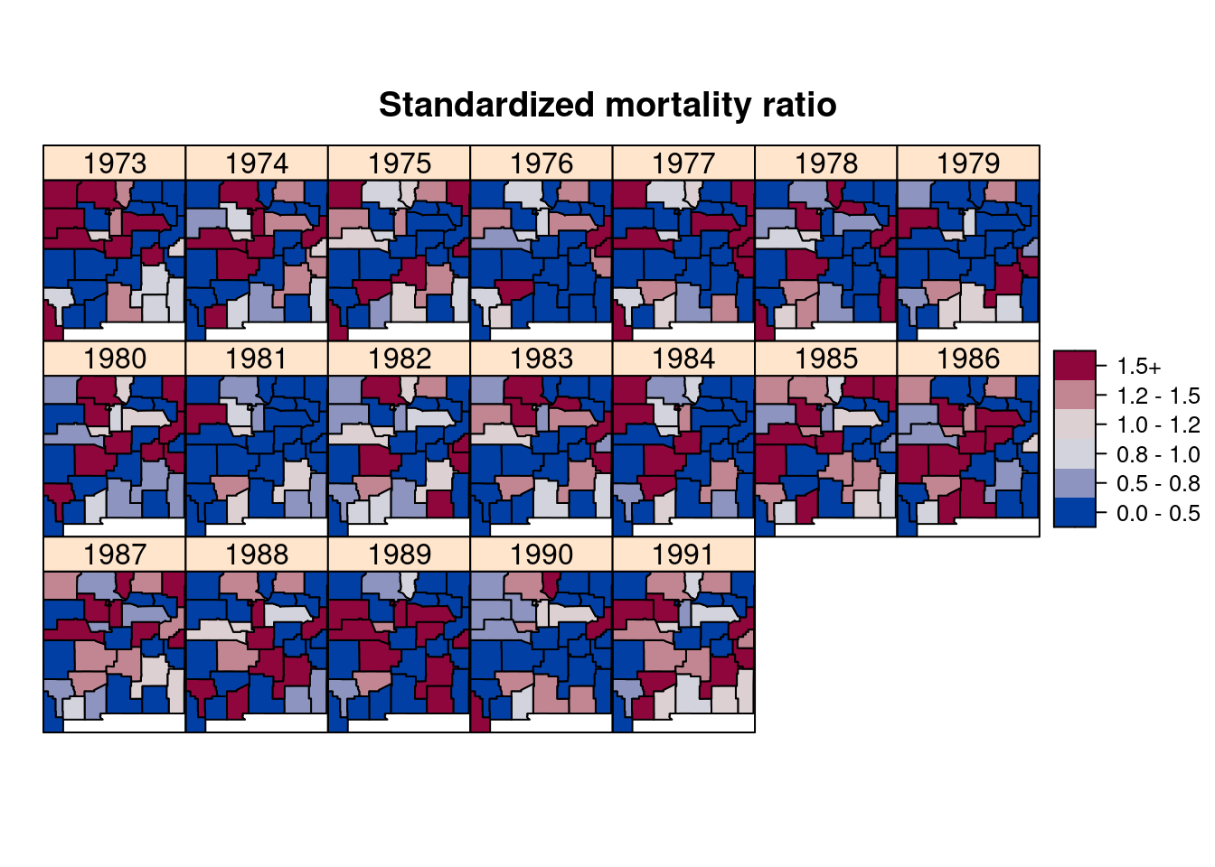 Standardized Mortality Ratio (SMR) of brain cancer in New Mexico from 1973 to 1991.