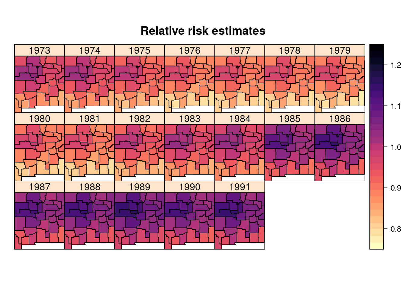 Posterior means of the relative risk estimate on the brainNM dataset.