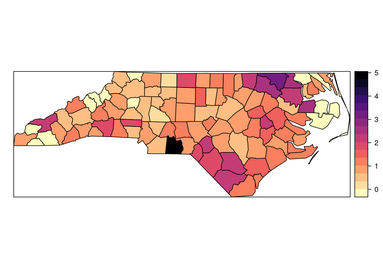 Standardised mortality ratio of the North Carolina SIDS dataset for the period 1971-1974.