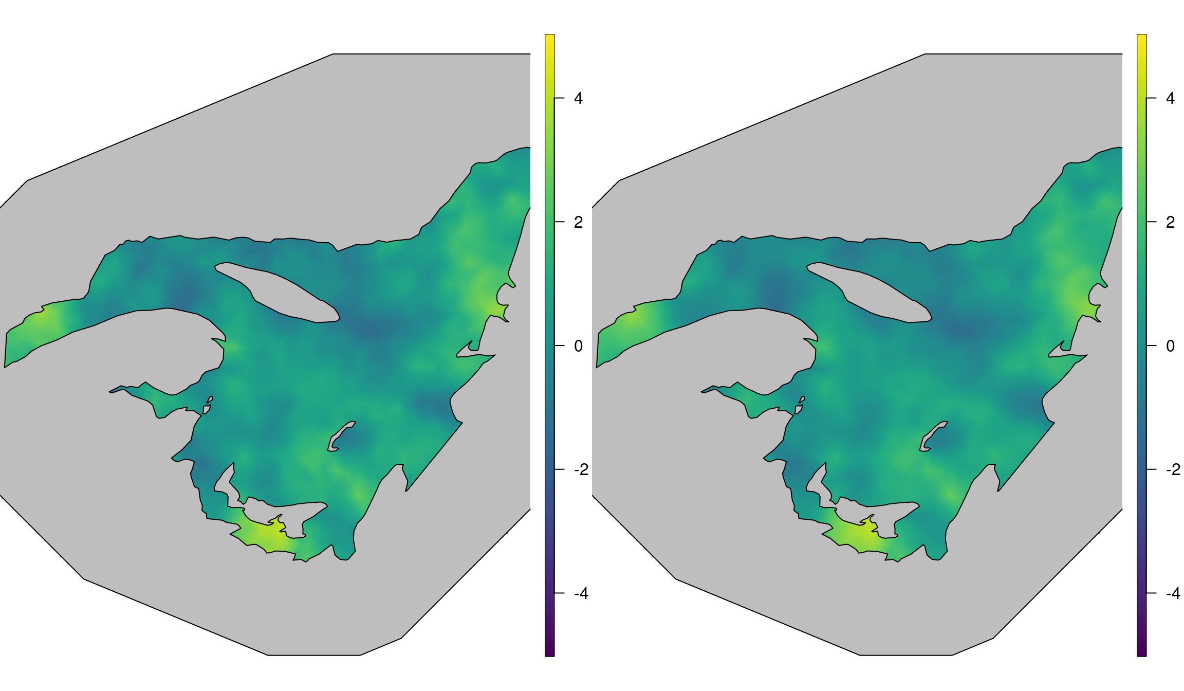 The left plot shows the true simulated spatial field \(\mathbf{u}\), while the right plot shows the posterior mean of the Barrier model.