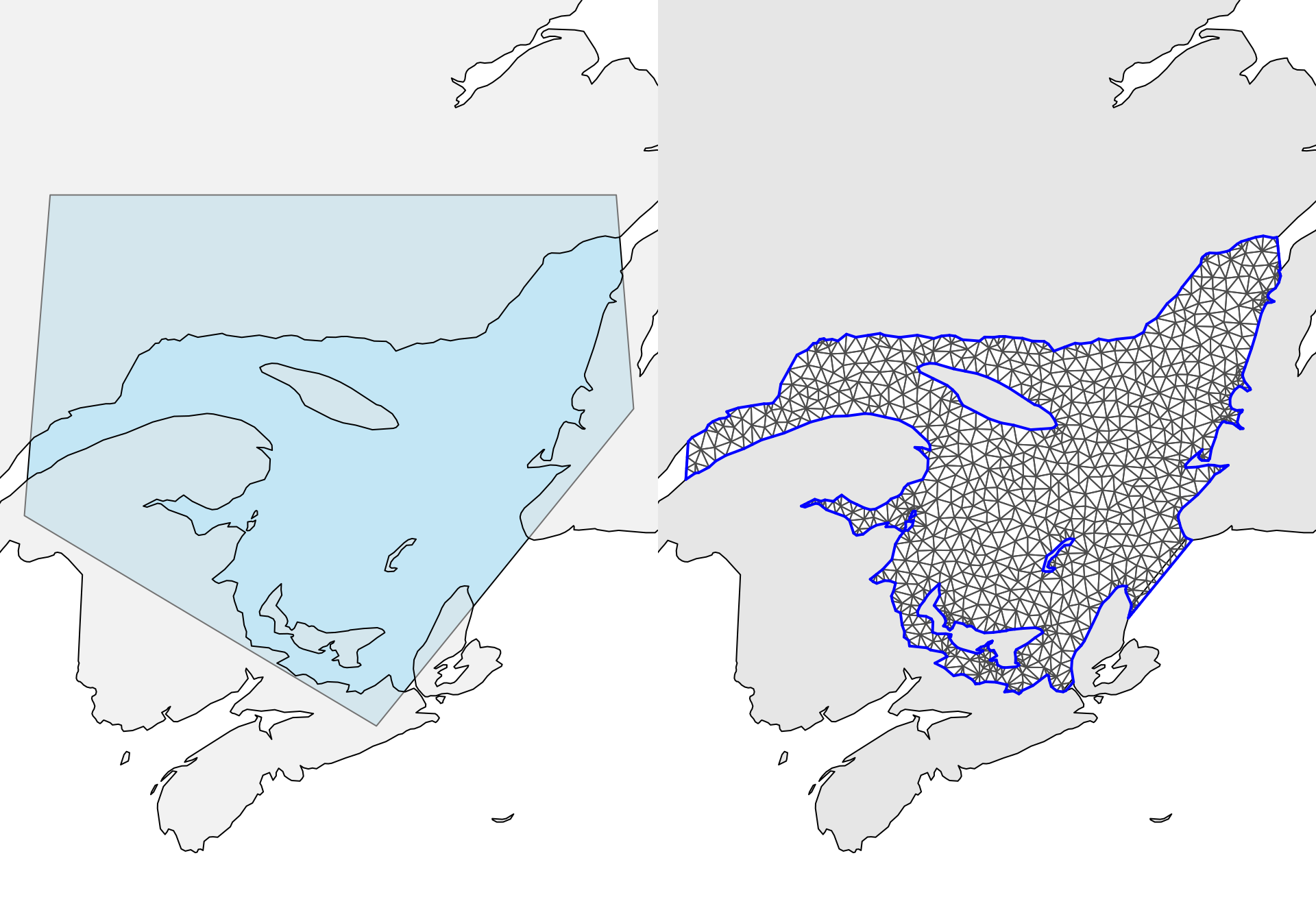 The left plot shows the polygon for land in grey and the manually constructed polygon for our study area in light blue. The right plot shows the simple mesh, constructed only in the water.