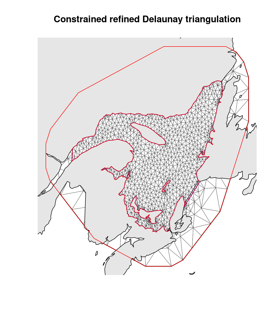 The mesh constructed both over water and land. The grey region is the original land map. The inner red outline marks the coastline barrier.