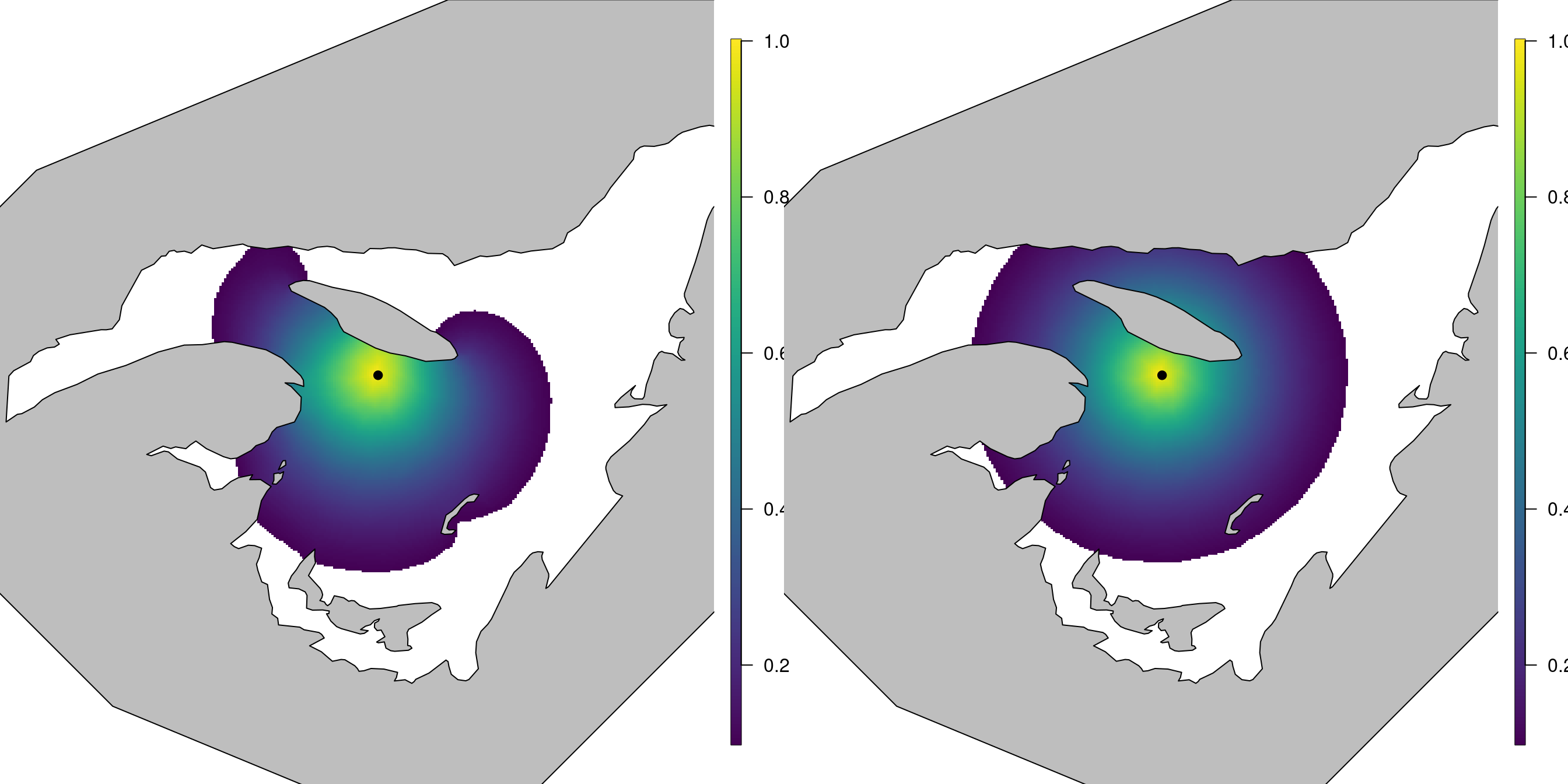 The left plot shows the correlation structure of the Barrier model, with respect to the black point, while the right plot shows the correlation structure of the stationary model.