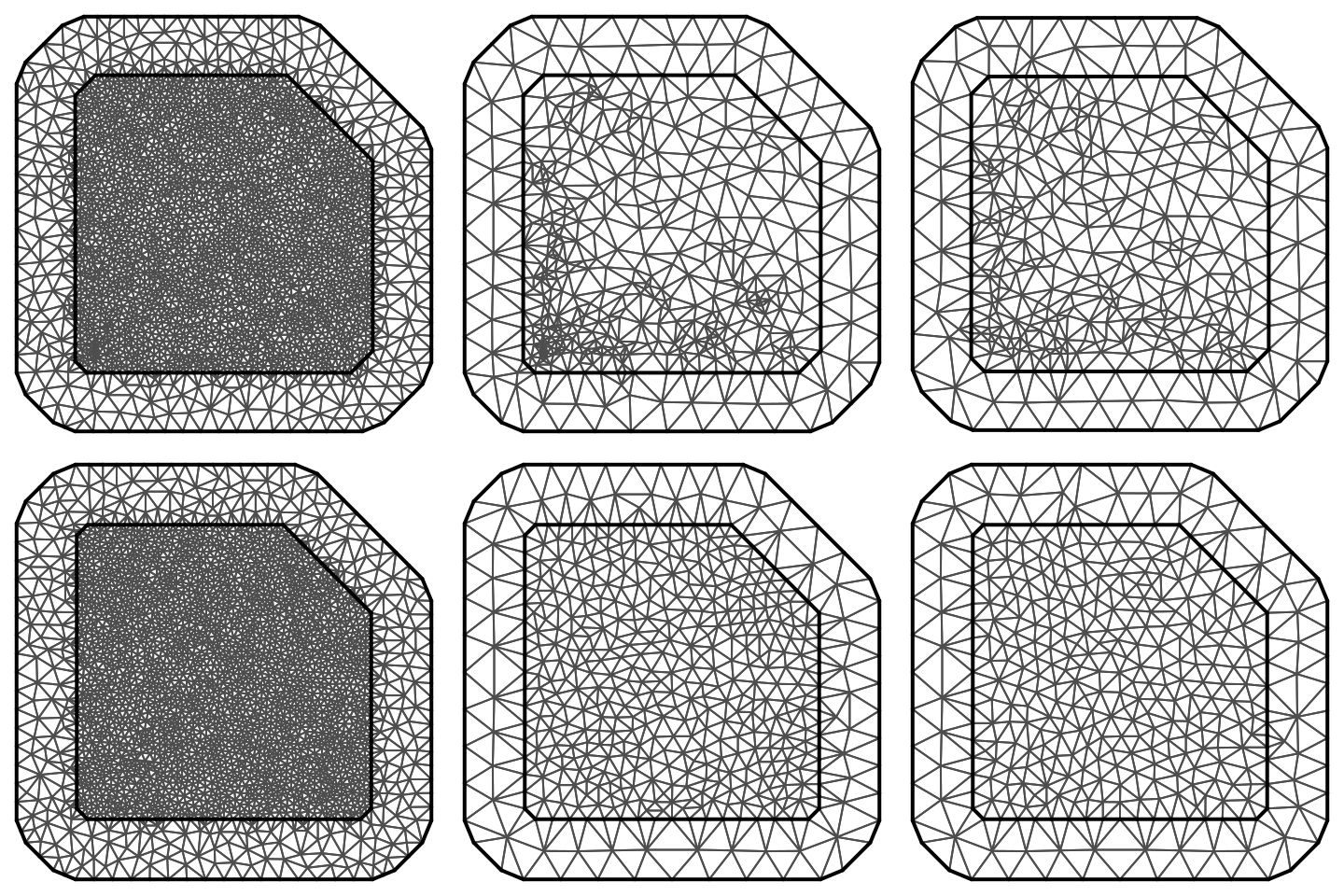 Six triangulations with different options for the toy example.