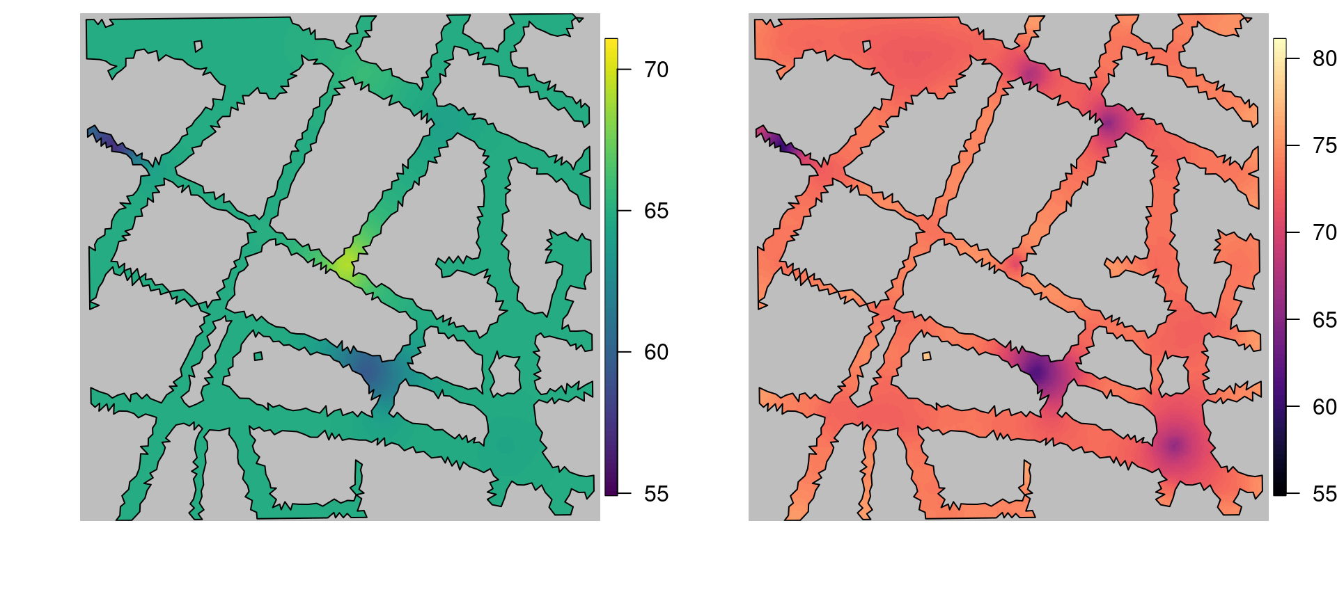 The left plot shows the posterior mean of the Barrier model, while the right plot shows the 97.5% quantile.