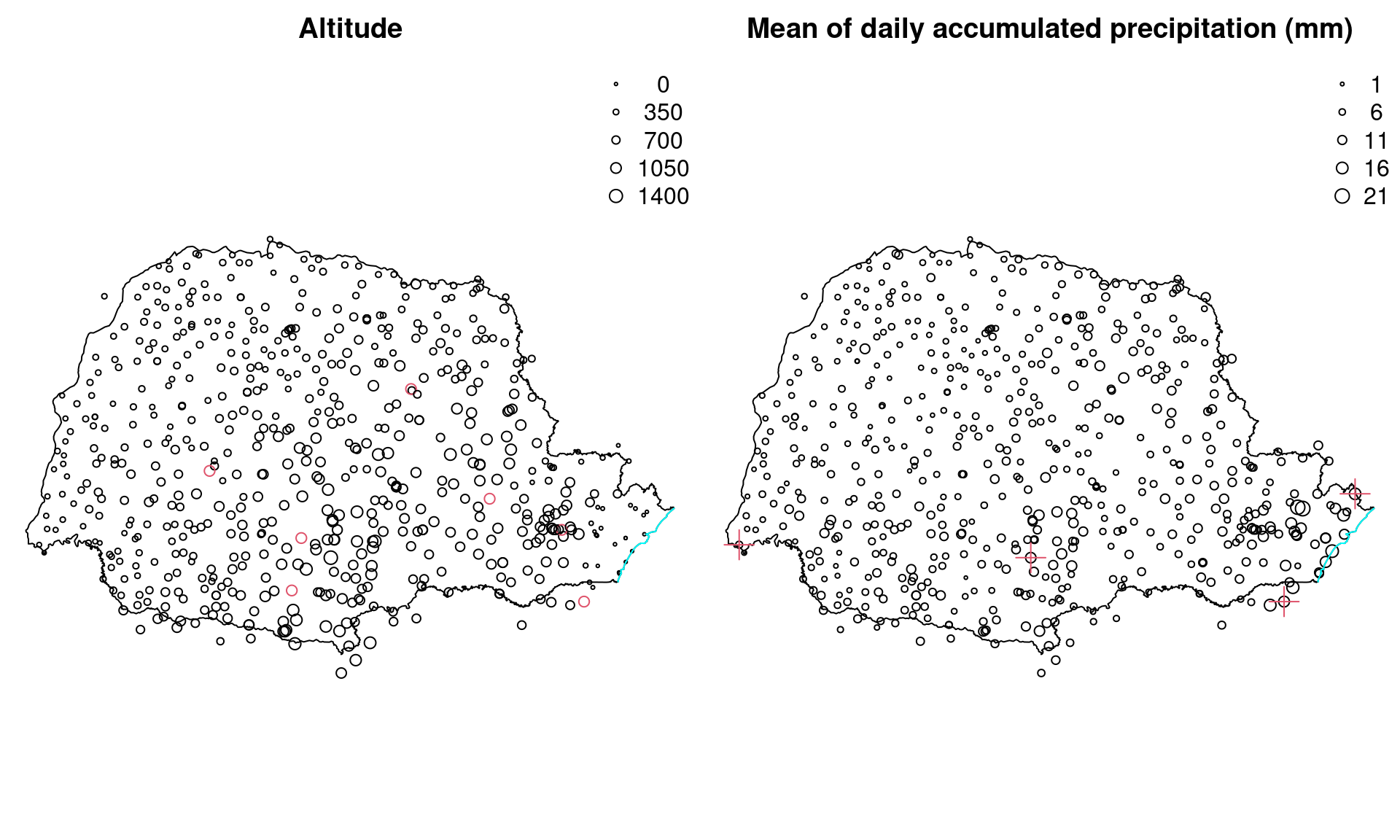 Locations of Paraná stations, altitude and average of daily accumulated precipitation (mm) in January 2011. Circles in red denote stations with missing observations and red crossess denote the four stations shown in the example in the main text.
